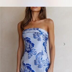 Hello Molly x Runaway the Label Strapless Dress with Blue Floral Design